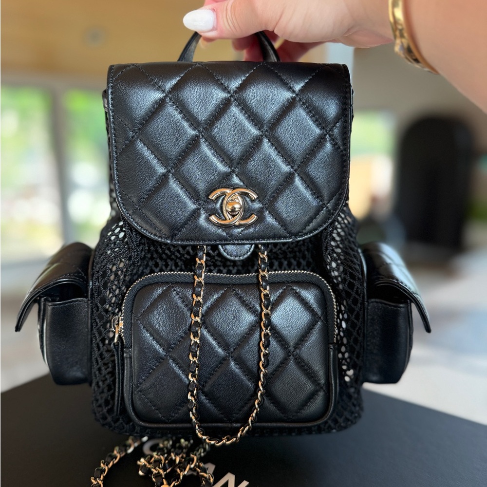 FULL SET - CHANEL Black Quilted Backpack with Gold HW